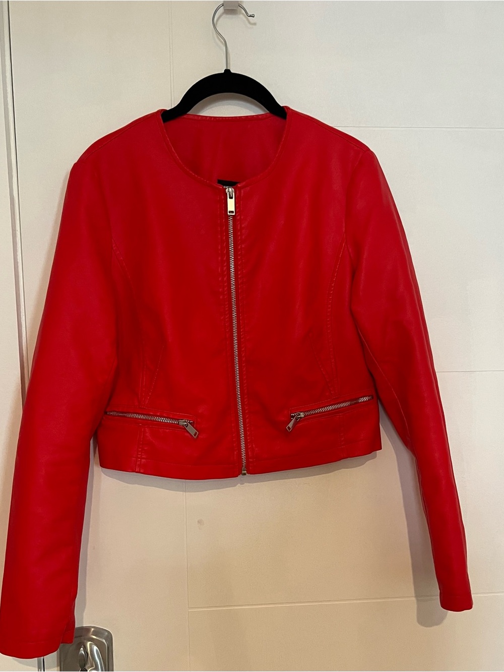 Women’s Red Zip-Front Leather Jacket